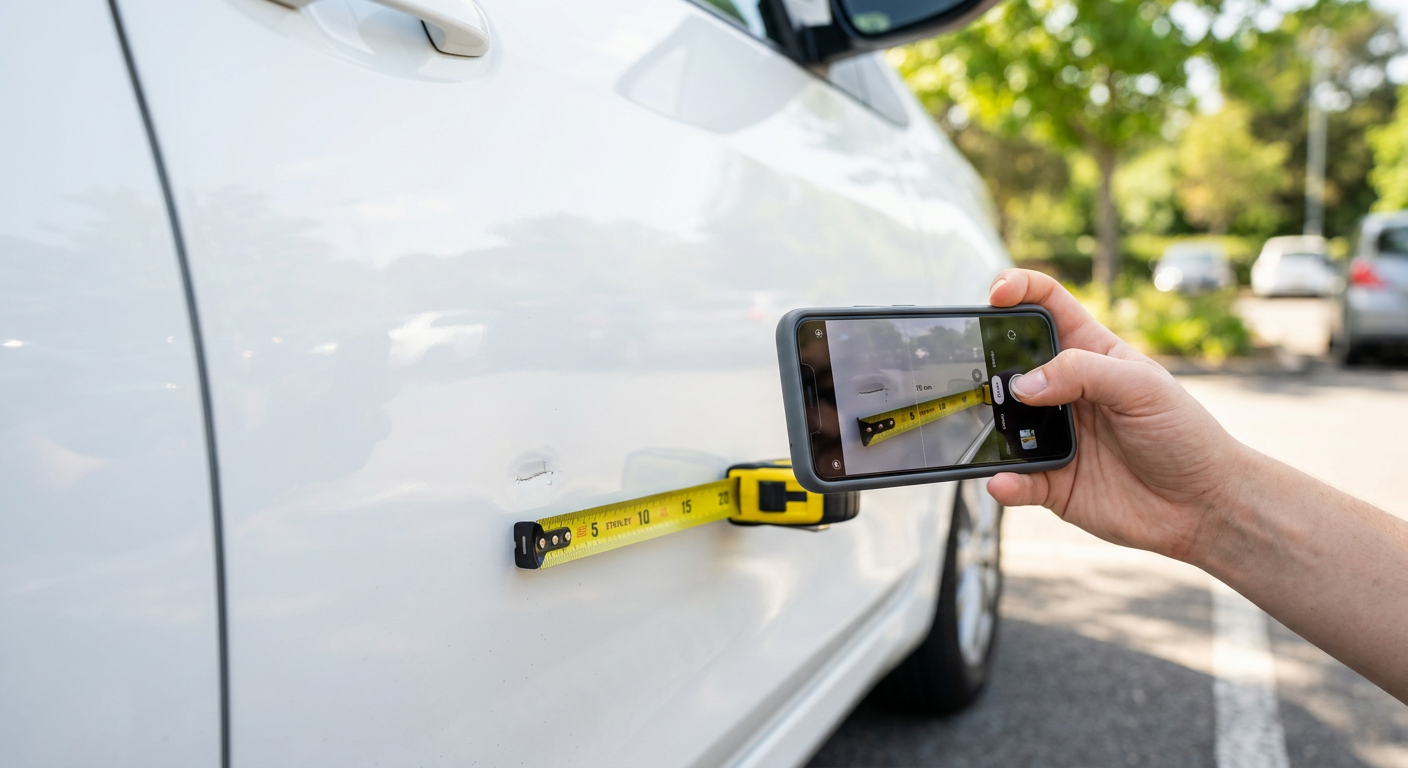 Kratzer an einer Autotür wird mit dem Smartphone dokumentiert